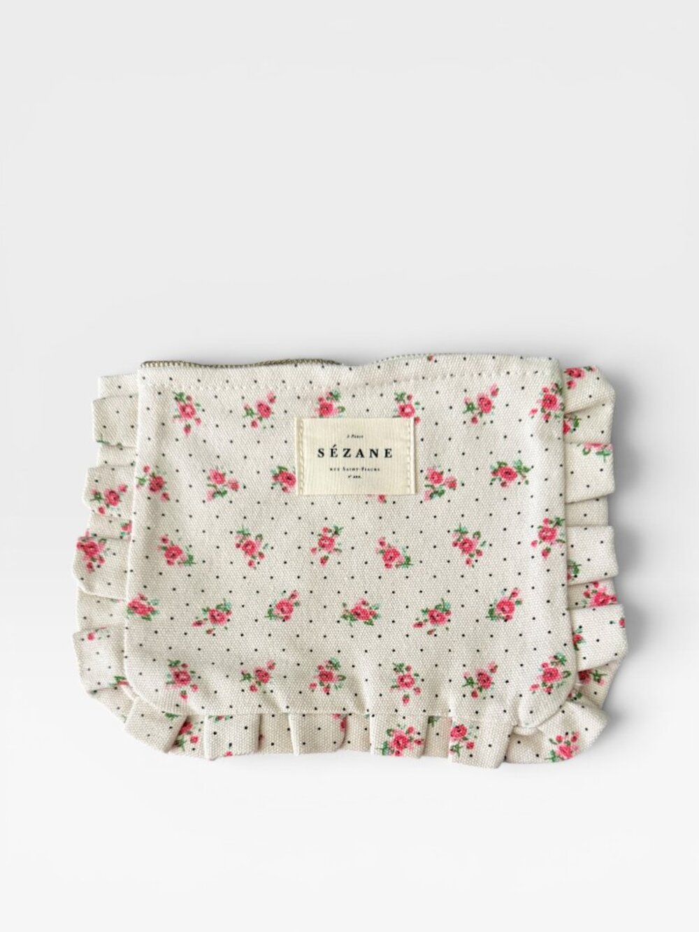 NWOT Sezane Small Makeup Pouch/Zippered- Canvas- Pink/Cream-Ruffles-Gold Zip- OS